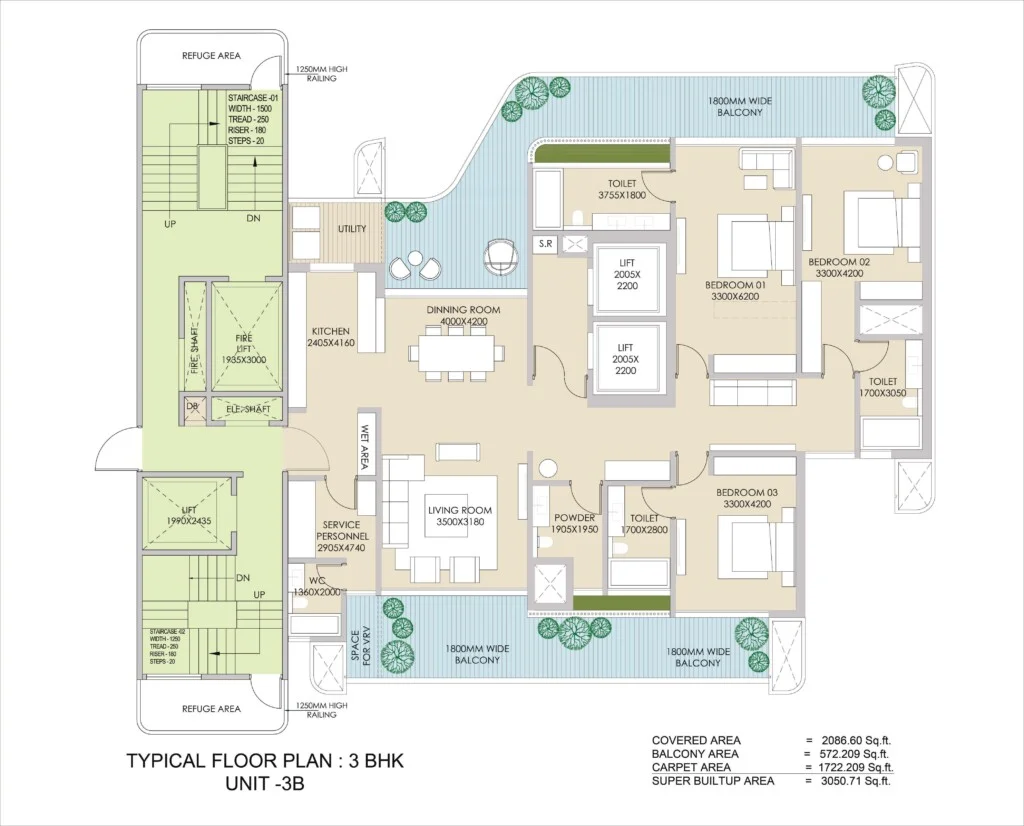 3BHK Unit 3B Floor Plan