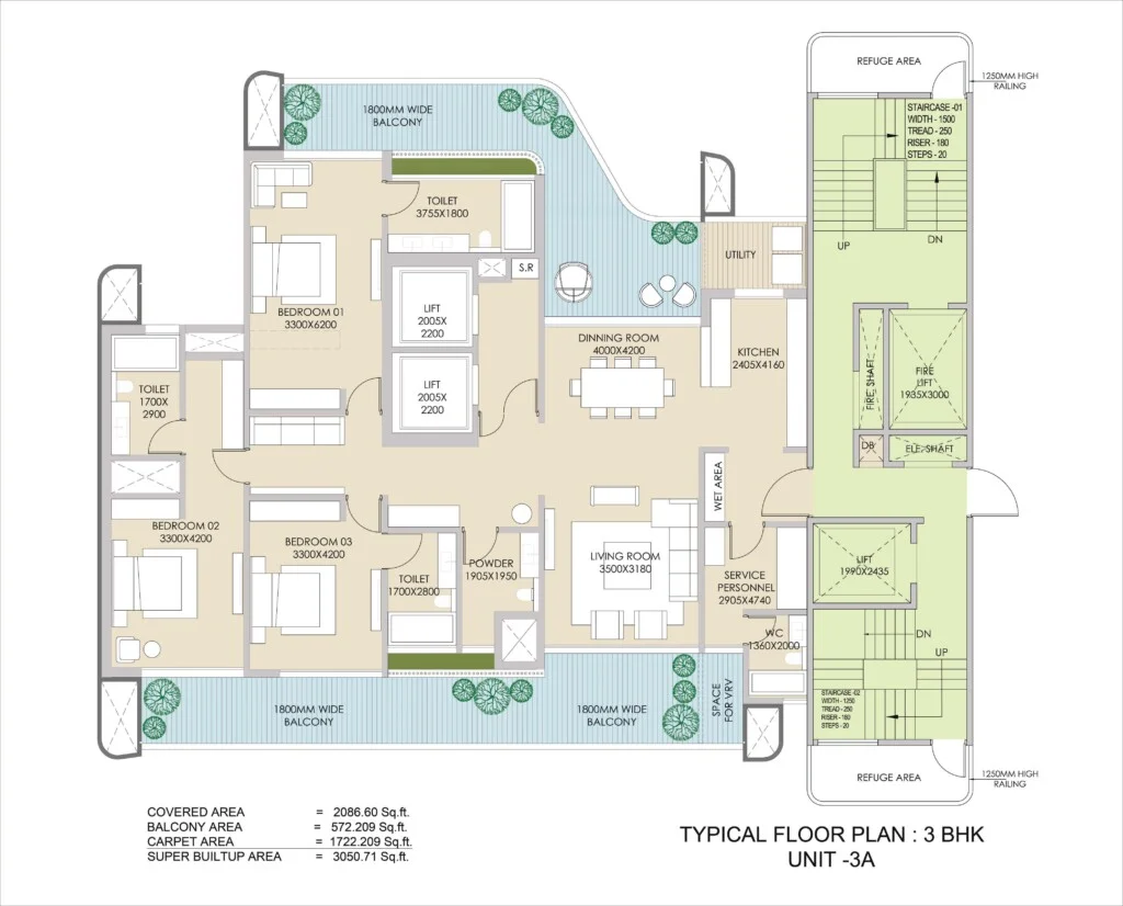 3BHK Unit 3A Floor Plan